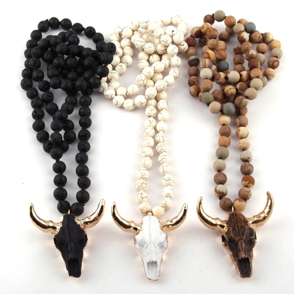 Boho Steer Skull Magnesite Necklace - Picture 2 of 6